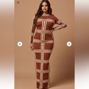 Fashion Nova Cognac and Cream Knit Maxi Dress